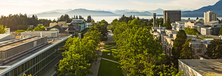 An aerial shot of Main Mall on the UBC Vancouver campus.